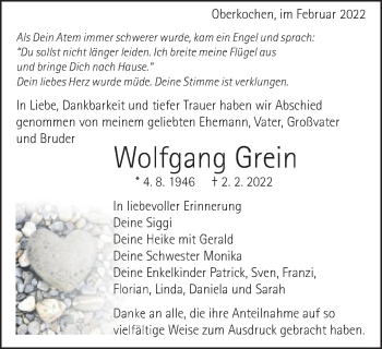 Traueranzeige von Wolfgang Grein von Amtsblatt_Oko