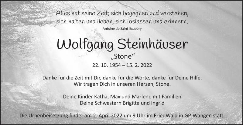  Traueranzeige für Wolfgang Steinhäuser vom 19.02.2022 aus Gmünder Tagespost