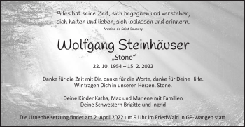 Traueranzeige von Wolfgang Steinhäuser von Gmünder Tagespost