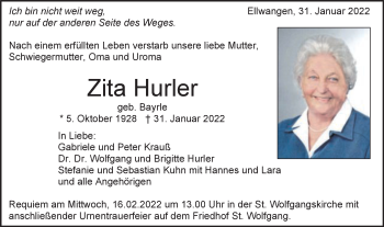 Traueranzeige von Zita Hurler von Schwäbische Post