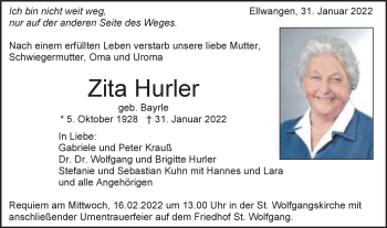 Traueranzeige von Zita Hurler