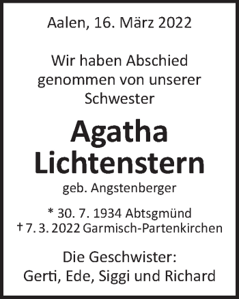 Traueranzeige von Agatha Lichtenstern von Kocher-Lein-Bote