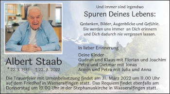 Traueranzeige von Albert Staab von Schwäbische Post