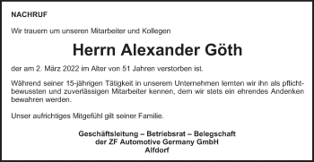Traueranzeige von Alexander Göth von Gmünder Tagespost