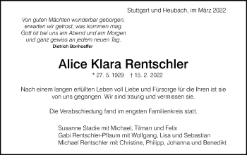 Traueranzeige von Alice Klara Rentschler von Gmünder Tagespost