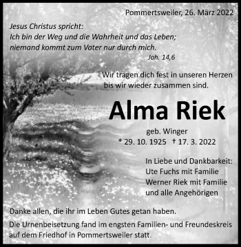 Traueranzeige von Alma Riek von Schwäbische Post