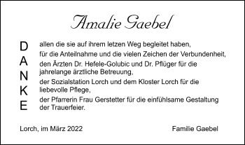 Traueranzeige von Amalie Gaebel von Gmünder Tagespost