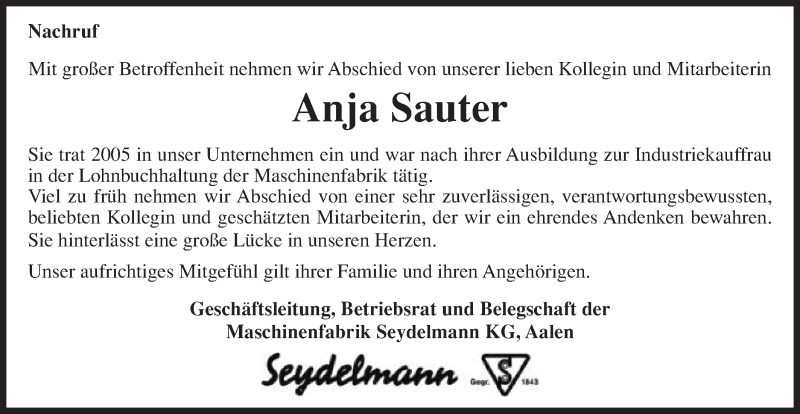  Traueranzeige für Anja Sauter vom 08.03.2022 aus Schwäbische Post