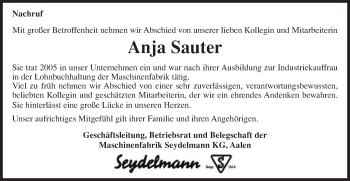 Traueranzeige von Anja Sauter