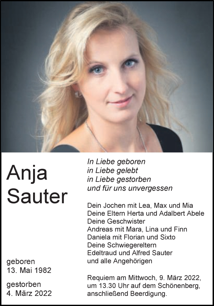  Traueranzeige für Anja Sauter vom 07.03.2022 aus Schwäbische Post