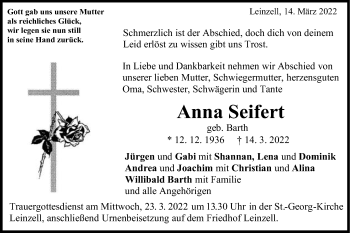 Traueranzeige von Anna Seifert von Gmünder Tagespost