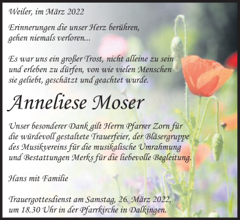 Traueranzeige von Anneliese Moser von Schwäbische Post