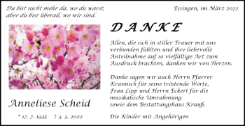 Traueranzeige von Anneliese Scheid von Schwäbische Post
