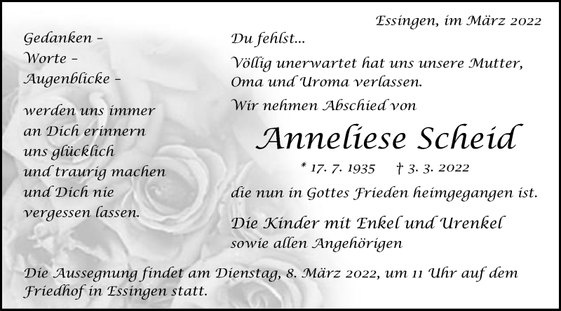  Traueranzeige für Anneliese Scheid vom 07.03.2022 aus Schwäbische Post