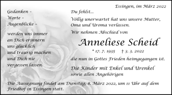 Traueranzeige von Anneliese Scheid von Schwäbische Post
