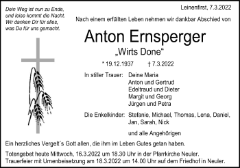 Traueranzeige von Anton Ernsperger