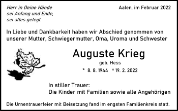 Traueranzeige von Auguste Krieg von Schwäbische Post