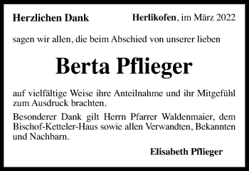 Traueranzeige von Berta Pflieger von Gmünder Tagespost