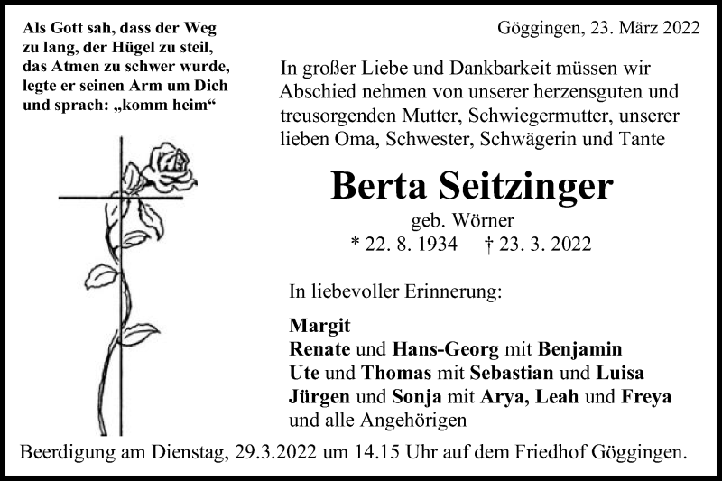 Traueranzeige für Berta Seitzinger vom 26.03.2022 aus Gmünder Tagespost