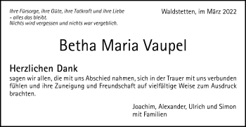 Traueranzeige von Betha Maria Vaupel von Gmünder Tagespost