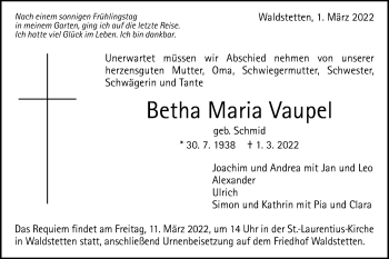 Traueranzeige von Betha Maria Vaupel von Gmünder Tagespost