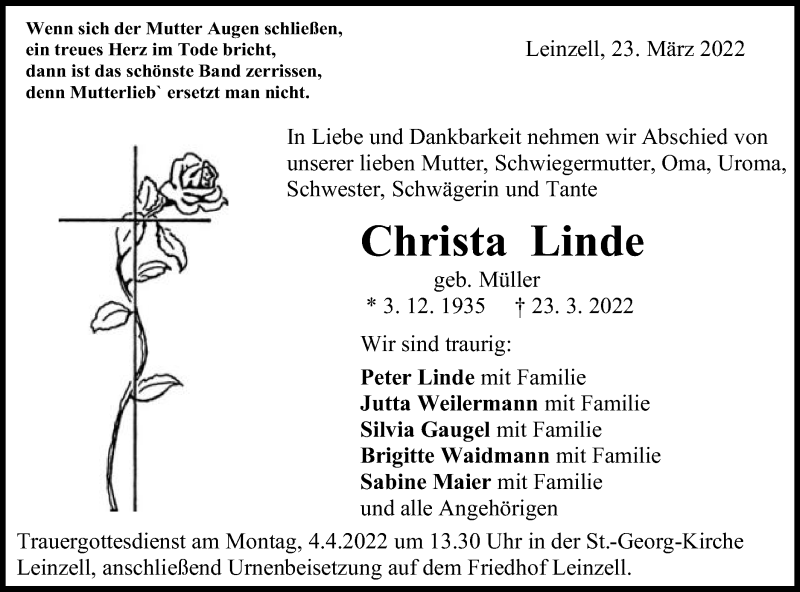  Traueranzeige für Christa Linde vom 31.03.2022 aus Gmünder Tagespost