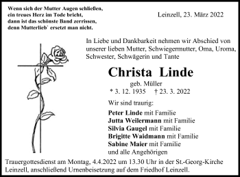 Traueranzeige von Christa Linde