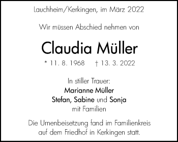 Traueranzeige von Claudia Müller von Schwäbische Post