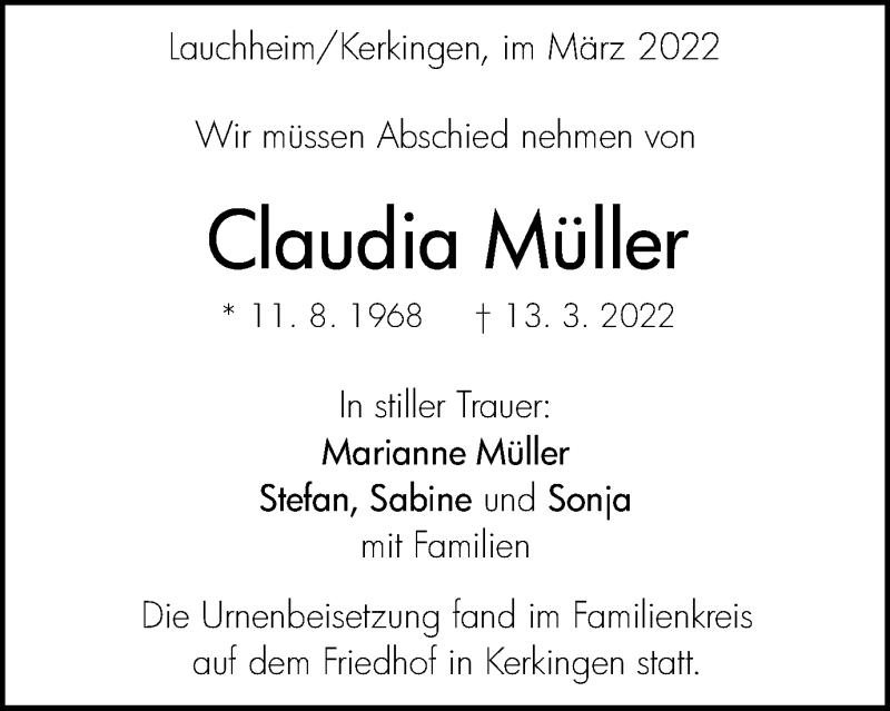  Traueranzeige für Claudia Müller vom 22.03.2022 aus Schwäbische Post