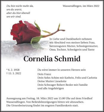 Traueranzeige von Cornelia Schmid von Schwäbische Post