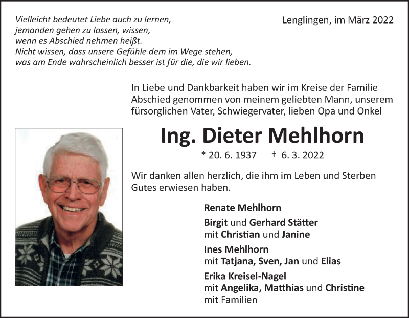  Traueranzeige für Dieter Mehlhorn vom 15.03.2022 aus Gmünder Tagespost