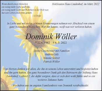 Traueranzeige von Dominik Wöller von Gmünder Tagespost