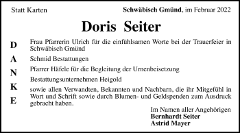 Traueranzeige von Doris Seiter von Gmünder Tagespost