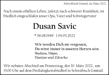 Traueranzeige von Dusan Savic von Gmünder Tagespost