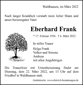 Traueranzeige von Eberhard Frank von Gmünder Tagespost