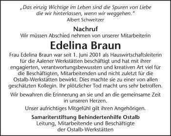 Traueranzeige von Edelina Braun von Schwäbische Post