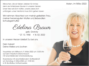 Traueranzeige von Edelina Braun von Schwäbische Post
