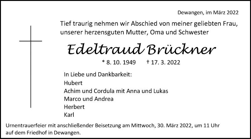  Traueranzeige für Edeltraud Brückner vom 26.03.2022 aus Schwäbische Post
