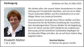 Traueranzeige von Elisabeth Mahler  von Schwäbische Post