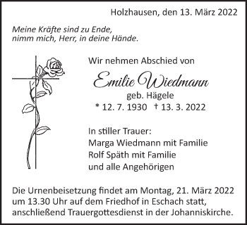 Traueranzeige von Emilie Wiedmann von Gmünder Tagespost