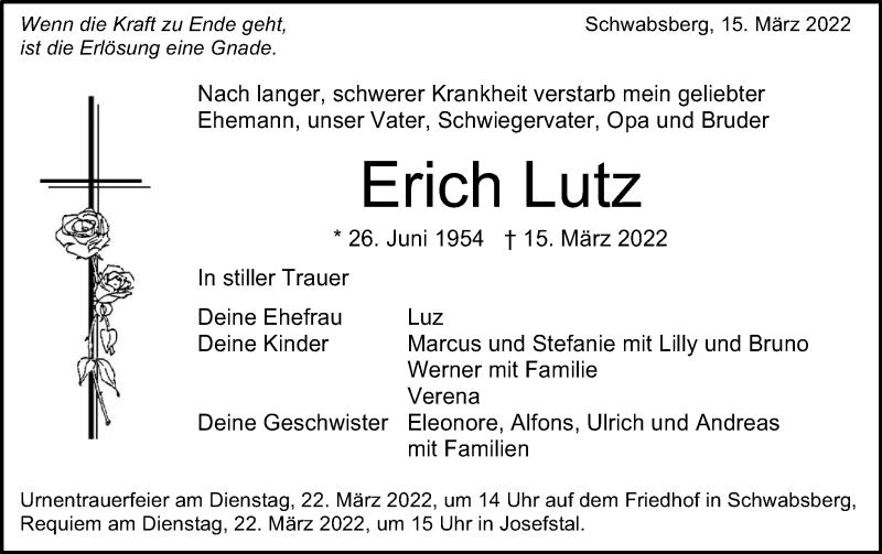  Traueranzeige für Erich Lutz vom 19.03.2022 aus Schwäbische Post