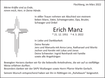 Traueranzeige von Erich Manz von Schwäbische Post