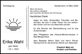 Traueranzeige von Erika Wahl von Gmünder Tagespost