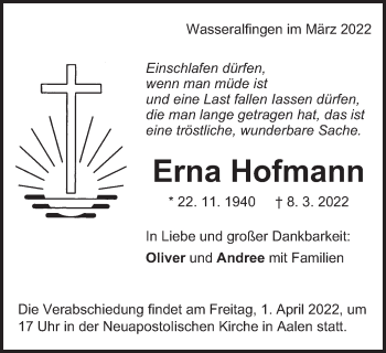 Traueranzeige von Erna Hofmann von Schwäbische Post
