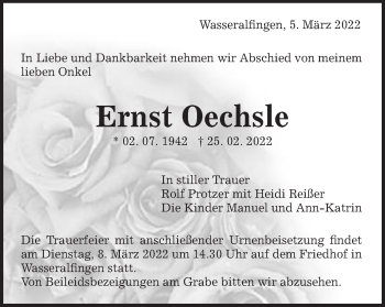 Traueranzeige von Ernst Oechsle von Schwäbische Post