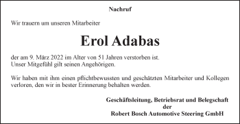 Traueranzeige von Erol Adabas von Gmünder Tagespost