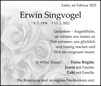 Traueranzeige von Erwin Singvogel von Schwäbische Post