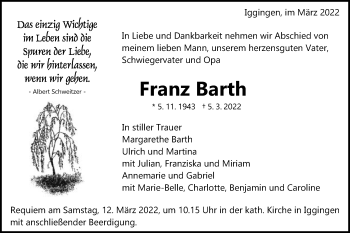 Traueranzeige von Franz Barth von Gmünder Tagespost