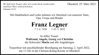 Traueranzeige von Franz Legner von Schwäbische Post