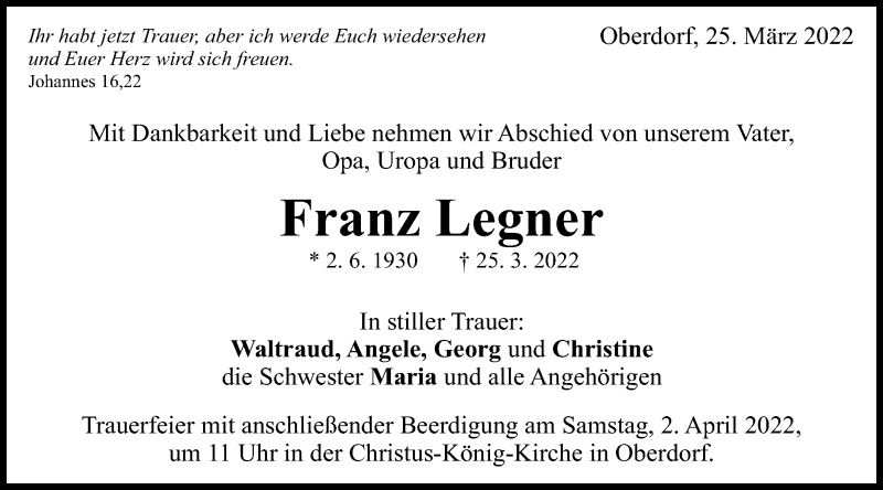  Traueranzeige für Franz Legner vom 31.03.2022 aus Schwäbische Post